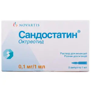 Сандостатин раствор для инъекций 0,1 мг/мл, 5 шт.