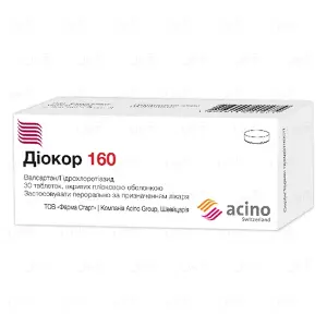 Диокор 160 таблетки, п/плен. обол. по 160 мг/12.5 мг №30 (10х3)