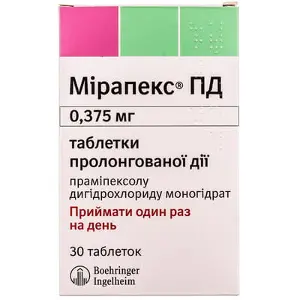 Мірапекс ПД таблетки по 0,375 мг, 30 шт.