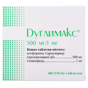Дуглимакс таблетки при диабете, 500 мг/1 мг, 60 шт.