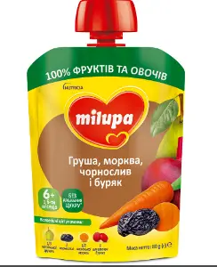 Пюре детское "Груша, морковь, чернослив, свекла" Milupa 80 г, с 6 месяцев