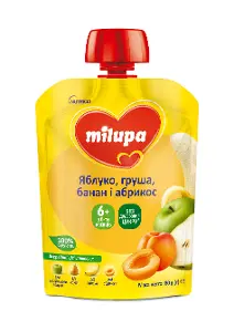 ПЮРЕ ДЕТСКОЕ ФРУКТОВОЕ "ЯБЛОКО, ГРУША, БАНАН И АБРИКОС" MILUPA с 6 мес., яблоко, груша, банан, абрикос