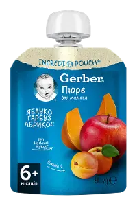 ПЮРЕ ФРУКТОВО-ОВОЩНОЕ "ЯБЛОКО, ТЫКВА, АБРИКОС" тм "GERBER" пастериз., витамин. 90 г, для детей от 6 месяцев