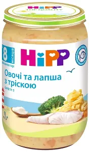 ПЮРЕ РЫБНО-ОВОЩНОЕ "ОВОЩИ И ЛАПША С ТРЕСКОЙ" "HIPP" 220 г, овощи, лапша, треска, с 8 мес.