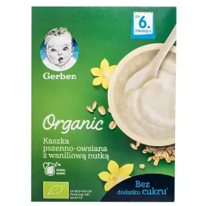 КАША СУХАЯ МОЛОЧНАЯ БЫСТРОРАСТВОРИМАЯ GERBER® ORGANIC ПШЕНИЧНО-ОВСЯНАЯ "GERBER" с ванилью 240 г, для детей от 6 месяцев