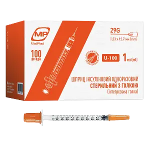 Шприц інсуліновий MedPlast, U-100 1 мл, 29G (0,33 х 12,7 мм)