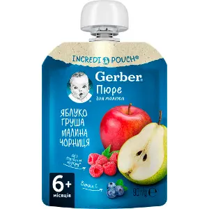 Пюре фруктовое детское NESTLE GERBER (Нестле Гербер) Яблоко, груша, малина и черника с 6-ти месяцев мягкая упаковка 90 г Пюре фруктовое детское NESTLE GERBER (Нестле Гербер) Яблоко, груша, малина и черника с 6-ти месяцев мягкая упаковка 90 г