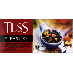 Чай чорний TESS (Тесс) Pleasure цейлонський байховий дрібний з шипшиною, яблуком та пелюстками квітів в фільтр-пакетах по 1,5 г 25 шт Чай чорний TESS (Тесс) Pleasure цейлонський байховий дрібний з шипшиною, яблуком та пелюстками квітів в фільтр-пакетах по 1,5 г 25 шт