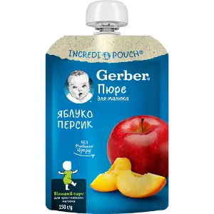 Пюре фруктове дитяче NESTLE GERBER (Нестле Гербер) Яблоко і персик для дітей з 6-ти місяців без цукру пауч 150 г Пюре фруктове дитяче NESTLE GERBER (Нестле Гербер) Яблоко і персик для дітей з 6-ти місяців без цукру пауч 150 г