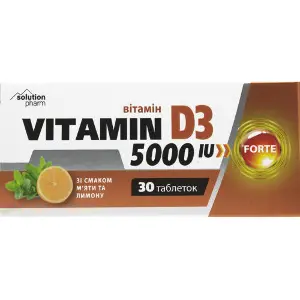 Вітамін D3 5000МО Форте зі смаком м'яти та лимону таблетки упаковка 30 шт Solution Pharm Вітамін D3 5000МО Форте зі смаком м'яти та лимону таблетки упаковка 30 шт Solution Pharm