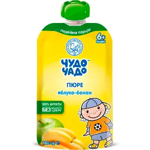 Пюре фруктове дитяче ЧУДО-ЧАДО Яблуко-банан без цукру з 6 місяців 180 г Пюре фруктове дитяче ЧУДО-ЧАДО Яблуко-банан без цукру з 6 місяців 180 г