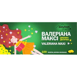Валеріана максі дієтична добавка з м'якою заспокійливою дією таблетки вкриті оболонкою 30 мг 5 блістерів по 20 шт Solution Pharm Валеріана максі дієтична добавка з м'якою заспокійливою дією таблетки вкриті оболонкою 30 мг 5 блістерів по 20 шт Solution Pharm