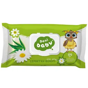 Серветки вологі для дітей DANI BABY (Дані Бебі) з екстрактом ромашки та алое вера з клапаном 64 шт Серветки вологі для дітей DANI BABY (Дані Бебі) з екстрактом ромашки та алое вера з клапаном 64 шт