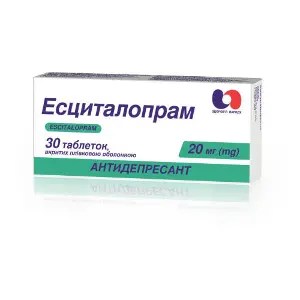 Эсциталопрам таблетки покрытые пленочной оболочкой по 20 мг 3 блистера по 10 шт Эсциталопрам таблетки покрытые пленочной оболочкой по 20 мг 3 блистера по 10 шт