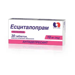 Эсциталопрам таблетки покрытые пленочной оболочкой по 10 мг 3 блистера по 10 шт Эсциталопрам таблетки покрытые пленочной оболочкой по 10 мг 3 блистера по 10 шт