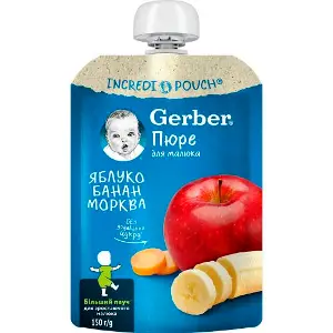 Пюре фруктово-овощное детское NESTLE GERBER (Нестле Гербер) Яблоко, банан и морковка с 6-ти месяцев мягкая упаковка 150 г Пюре фруктово-овощное детское NESTLE GERBER (Нестле Гербер) Яблоко, банан и морковка с 6-ти месяцев мягкая упаковка 150 г