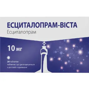 Есциталопрам-Віста таблетки, що диспергуються в ротовій порожнині по 10 мг 2 блістера по 14 шт Есциталопрам-Віста таблетки, що диспергуються в ротовій порожнині по 10 мг 2 блістера по 14 шт