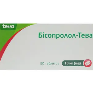 Бисопролол-Тева таблетки по 10 мг 9 блистеров по 10 шт Бисопролол-Тева таблетки по 10 мг 9 блистеров по 10 шт