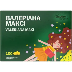 Валеріана максі дієтична добавка з м'якою заспокійливою дією таблетки вкриті оболонкою 30 мг 4 блістери по 25 шт Solution Pharm Валеріана максі дієтична добавка з м'якою заспокійливою дією таблетки вкриті оболонкою 30 мг 4 блістери по 25 шт Solution Pharm