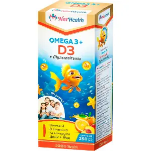 Омега 3 + D3 + Мультивітамін NATHEALTH (НатХелс) загальнозміцнюючої дії емульсія флакон 250 мл Омега 3 + D3 + Мультивітамін NATHEALTH (НатХелс) загальнозміцнюючої дії емульсія флакон 250 мл
