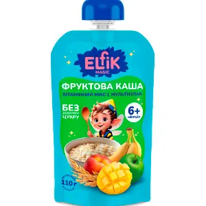 Пюре фруктовое детское ELFIK MAGIC (Эльфик меджик) Фруктовая каша Витаминый микс яблоко, банан, персик, манго с мультизлаковой кашей Doy-Pack 110 г Пюре фруктовое детское ELFIK MAGIC (Эльфик меджик) Фруктовая каша Витаминый микс яблоко, банан, персик, манго с мультизлаковой кашей Doy-Pack 110 г