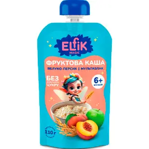 Пюре фруктове дитяче ELFIK MAGIC (Ельфік меджик) яблуко, персик з мультизлаковою кашею Doy-Pack 110 г Пюре фруктове дитяче ELFIK MAGIC (Ельфік меджик) яблуко, персик з мультизлаковою кашею Doy-Pack 110 г
