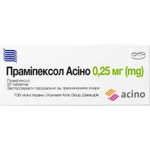 Прамипексол Асино таблетки по 0,25 мг 3 блистера по 10 шт Прамипексол Асино таблетки по 0,25 мг 3 блистера по 10 шт