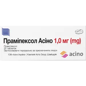 Праміпексол Асіно таблетки по 1 мг 3 блістери по 10 шт Праміпексол Асіно таблетки по 1 мг 3 блістери по 10 шт