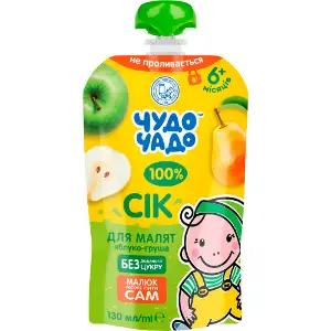 Сік дитячий ЧУДО-ЧАДО яблучно-грушевий з м'якоттю без цукру з 6 місяців 130 мл Сік дитячий ЧУДО-ЧАДО яблучно-грушевий з м'якоттю без цукру з 6 місяців 130 мл