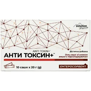 Анти Токсин+ гель для внутрішнього застосування антитоксичної дії зі смаком вишні з підсолоджувачем в саше по 20 г 20 шт Solution pharm Анти Токсин+ гель для внутрішнього застосування антитоксичної дії зі смаком вишні з підсолоджувачем в саше по 20 г 20 шт Solution pharm