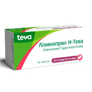 Лізиноприл Н-Тева таблетки 20 мг/12,5 мг 3 блістери по 10 шт Лізиноприл Н-Тева таблетки 20 мг/12,5 мг 3 блістери по 10 шт