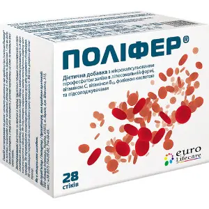 Поліфер додаткове джерело заліза, вітамінів С, В12 та фолієвої кислоти в гранулах для орального застосування в стіках по 1,5 г 28 шт Поліфер додаткове джерело заліза, вітамінів С, В12 та фолієвої кислоти в гранулах для орального застосування в стіках по 1,5 г 28 шт