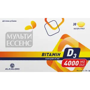 Вітамін Д3 MULTI ESSENSE (Мульті ессенс) 4000 МО джерело вітаміну Д3 капсули 2 блістера по 15 шт Вітамін Д3 MULTI ESSENSE (Мульті ессенс) 4000 МО джерело вітаміну Д3 капсули 2 блістера по 15 шт