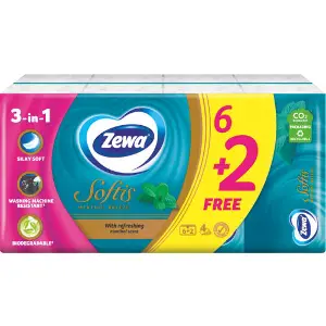 Хустинки (серветки) носові ZEWA (Зева) Softis Menthol Breeze 4-х шарові 6 + 2 упаковки по 9 шт Хустинки (серветки) носові ZEWA (Зева) Softis Menthol Breeze 4-х шарові 6 + 2 упаковки по 9 шт