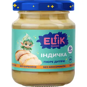 Пюре м'ясне дитяче ELFIK MAGIC (Ельфік Меджик) Індичка з 6-ти місяців 90 г Пюре м'ясне дитяче ELFIK MAGIC (Ельфік Меджик) Індичка з 6-ти місяців 90 г