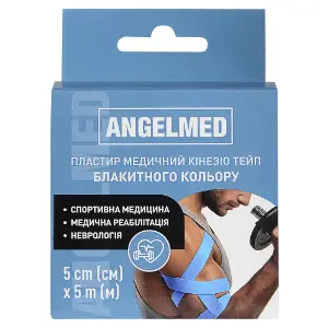 Пластир медичний кінезіо тейп Angelmed (АнгелМед) колір блакитний розмір 5 м х 5 см 1 шт Пластир медичний кінезіо тейп Angelmed (АнгелМед) колір блакитний розмір 5 м х 5 см 1 шт