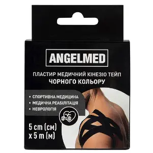 Пластир медичний кінезіо тейп Angelmed (АнгелМед) колір чорний розмір 5 м х 5 см 1 шт Пластир медичний кінезіо тейп Angelmed (АнгелМед) колір чорний розмір 5 м х 5 см 1 шт