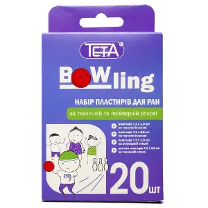Пластир бактерицидний Teta (Тета) набір для ран Bowling на тканинній та полімерній основі 20 шт Пластир бактерицидний Teta (Тета) набір для ран Bowling на тканинній та полімерній основі 20 шт