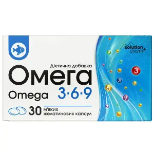 Омега 3-6-9 капсули м'які желатинові додаткове джерело омега-3-6-9 поліненасичених жирних кислот 3 блістери по 10 шт Solution Pharm Омега 3-6-9 капсули м'які желатинові додаткове джерело омега-3-6-9 поліненасичених жирних кислот 3 блістери по 10 шт Solution Pharm