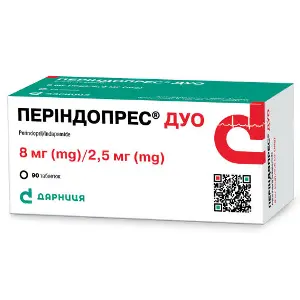 Периндопрес Дуо таблетки по 8 мг/2,5 мг 9 блистеров по 10 шт Периндопрес Дуо таблетки по 8 мг/2,5 мг 9 блистеров по 10 шт