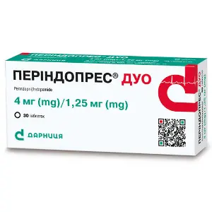 Периндопрес Дуо таблетки по 4 мг/1,25 мг 9 блистеров по 10 шт Периндопрес Дуо таблетки по 4 мг/1,25 мг 9 блистеров по 10 шт
