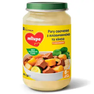 Пюре овочево-м'ясне дитяче Нутриція Milupa (Мілупа) Рагу овочеве з яловичиною та кіноа від 8 місяців 200 г Пюре овочево-м'ясне дитяче Нутриція Milupa (Мілупа) Рагу овочеве з яловичиною та кіноа від 8 місяців 200 г