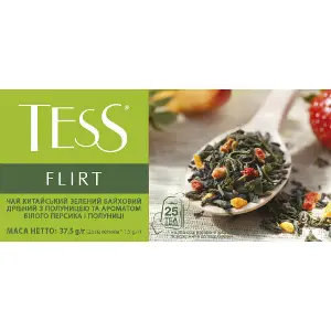 Чай зелений TESS (Тесс) Flirt китайський байховий листовий з полуницею та ароматом білого персика і полуниці в фільтр-пакетах по 1,5 г 25 шт Чай зелений TESS (Тесс) Flirt китайський байховий листовий з полуницею та ароматом білого персика і полуниці в фільтр-пакетах по 1,5 г 25 шт