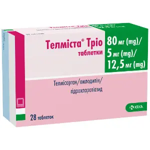 Телміста Тріо таблетки по 80 мг/5 мг/ 12,5 мг 4 блістери по 7 шт Телміста Тріо таблетки по 80 мг/5 мг/ 12,5 мг 4 блістери по 7 шт