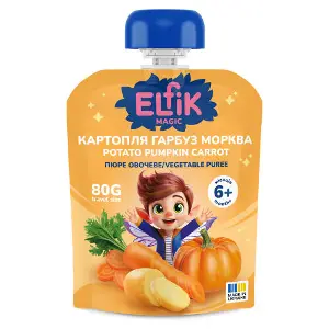 Пюре овочеве дитяче ELFIK MAGIC (Ельфік меджик) Картопля, гарбуз, морква з 6-ти місяців 80 г Пюре овочеве дитяче ELFIK MAGIC (Ельфік меджик) Картопля, гарбуз, морква з 6-ти місяців 80 г