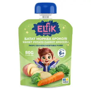 Пюре овочеве дитяче ELFIK MAGIC (Ельфік меджик) батат, морква, броколі з 6-ти місяців 80 г Пюре овочеве дитяче ELFIK MAGIC (Ельфік меджик) батат, морква, броколі з 6-ти місяців 80 г