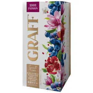 Бленд чорного та зеленого чаю GRAFF (Граф) 1001 Passion 1001 Пристрасть з ароматом винограду та гранату в фільтр-пакетах по 1,5 г 20 шт Бленд чорного та зеленого чаю GRAFF (Граф) 1001 Passion 1001 Пристрасть з ароматом винограду та гранату в фільтр-пакетах по 1,5 г 20 шт