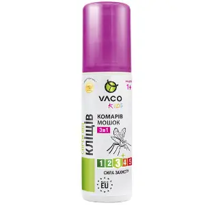 Спрей від комарів, кліщів та мошок VACO (Вако) KIDS (Кідс) 3 в 1 для дітей з 1-го року репелентний 80 мл Спрей від комарів, кліщів та мошок VACO (Вако) KIDS (Кідс) 3 в 1 для дітей з 1-го року репелентний 80 мл