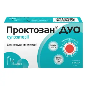 Проктозан Дуо суппозитории (свечи) 2 блистера по 5 шт Проктозан Дуо суппозитории (свечи) 2 блистера по 5 шт