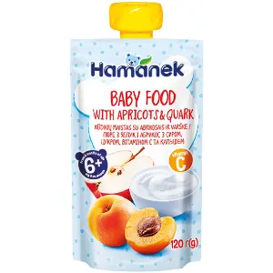 Пюре Hamanek яблуко, абрикос з сиром 120 г (пауч) Пюре Hamanek яблуко, абрикос з сиром 120 г (пауч)